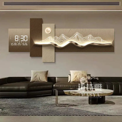 Modern Living Room Decoration Painting With Mountain Backed Led Clock Wall Lamp Painting Sofa Background Wall Hanging Painting