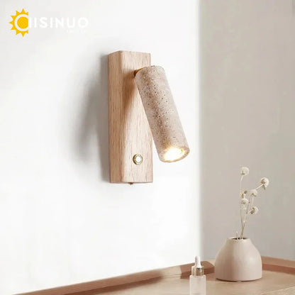 Wabi‑Sabi Natural Yellow Travertine Stone Wall Lamp Wood Rotating Light with Switch Bedside Light for Bedroom Corridor Home Deco