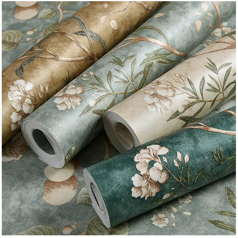 Country Wallpaper Idyllic Style Retro Nostalgic Bedroom Dark Green Flowers and Birds TV Background Wallpaper Non Self-adhesive
