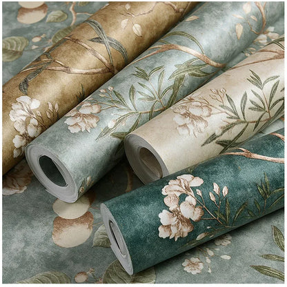 Country Wallpaper Idyllic Style Retro Nostalgic Bedroom Dark Green Flowers and Birds TV Background Wallpaper Non Self-adhesive