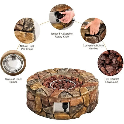 28 Inch Outdoor Propane Fire Pit with Natural Stone, Cover, ETL Certified, Stainless Steel Burner, Electronic Ignition, Lava Roc