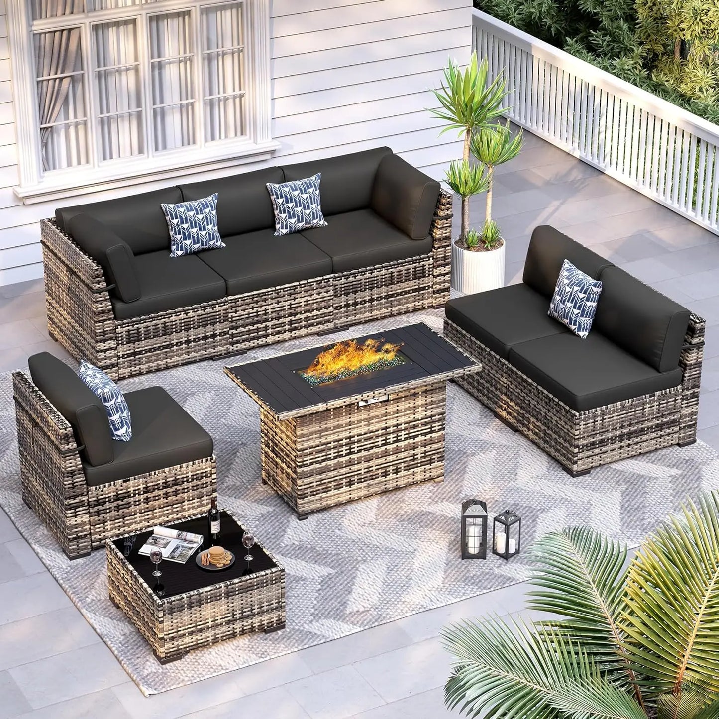 8pc Patio Set 44" Fire Pit Table All Weather Wicker Sectional Sofa Coffee Table Thickened Cushions Outdoor, Custom