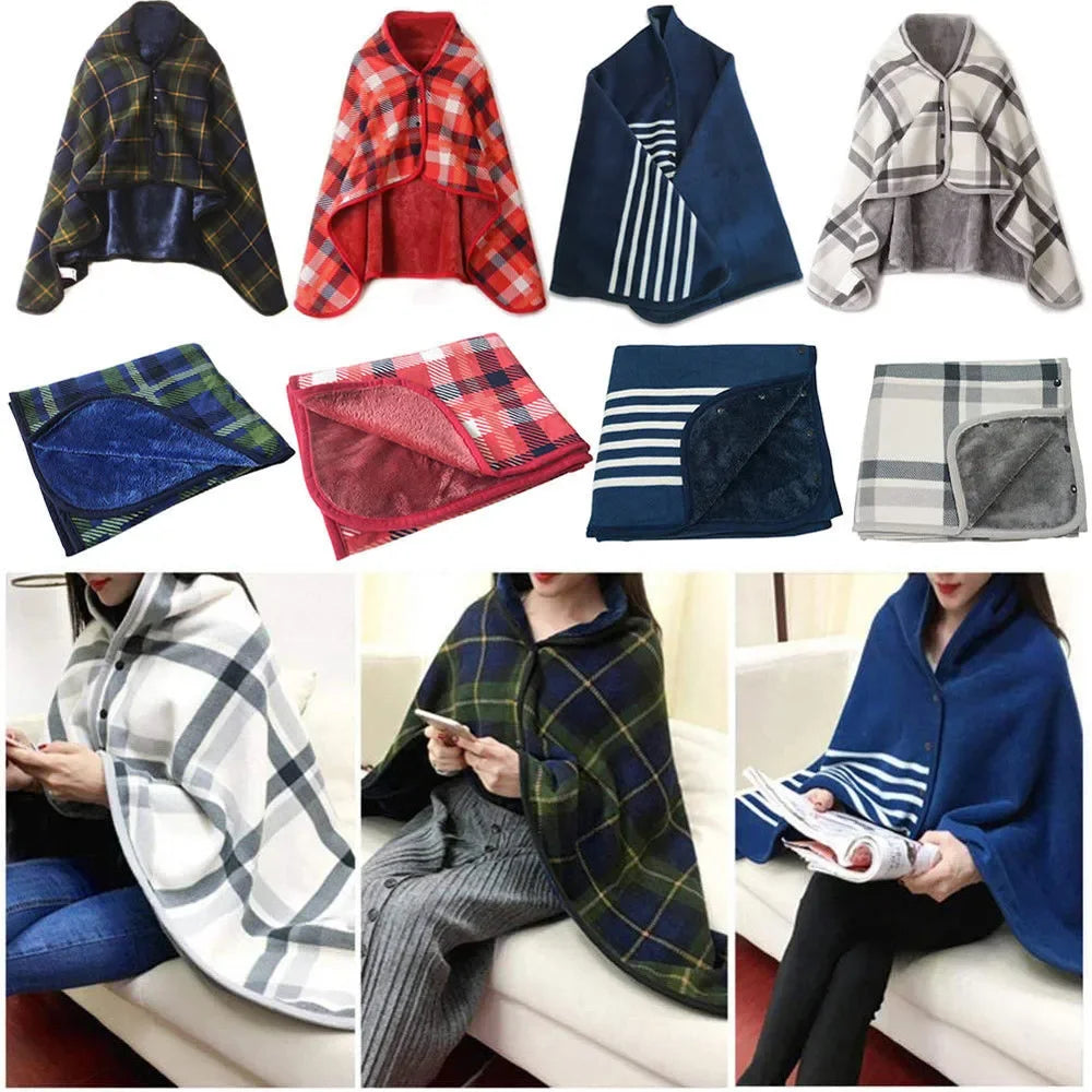 Fleece Wearable Blanket, Plaid Lap Blanket Comfy Poncho Throw with Button Plaid Throw Cushion for Bed Sofa Office