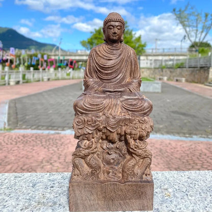 Hand-Carved Agarwood Shakyamuni Buddha Statue - 7.9/11.8" Dragon Throne Buddha Sculpture for Home Living Room Entrance