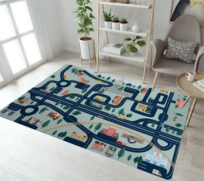 Race Track Play Rug Kids Playroom Kilim Base Racetrack Room Rug Non-Slip Car Play Mat Living Room Bedroom Home Decor Carpet