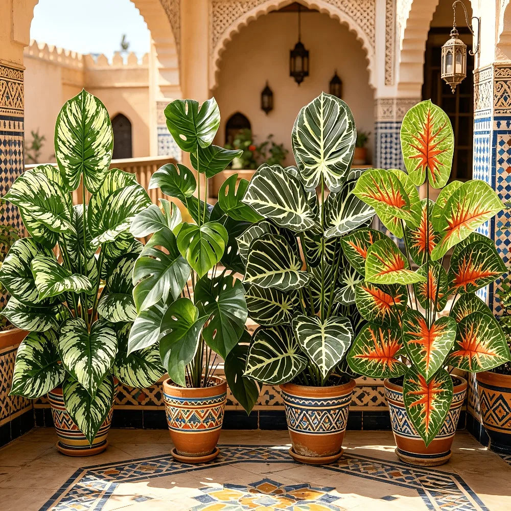 4pcs Artificial Plant Set Broadleaf Tropical Rainforest Palm Tree Indoor Outdoor Potted Plants for Wedding Office Hotel Garden