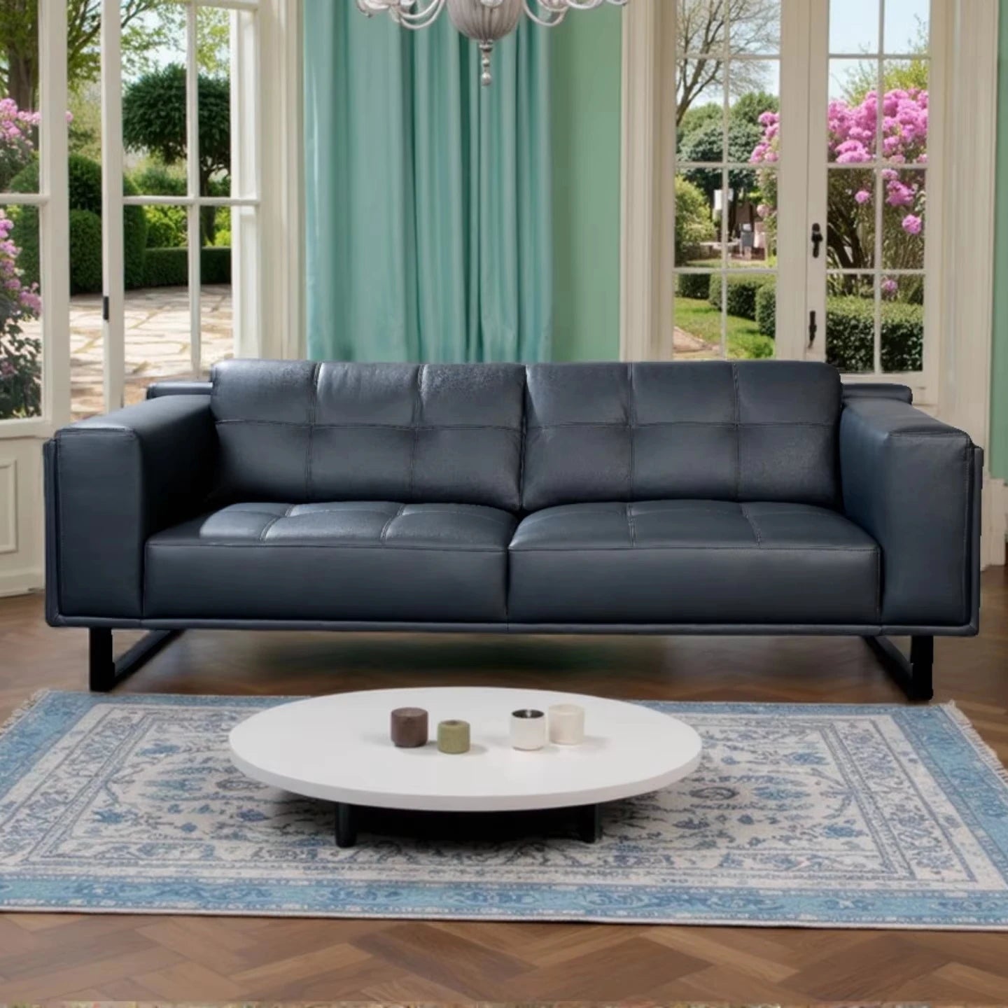 Reception room, hotel lobby, business tourist living room, leather double lounge sofa