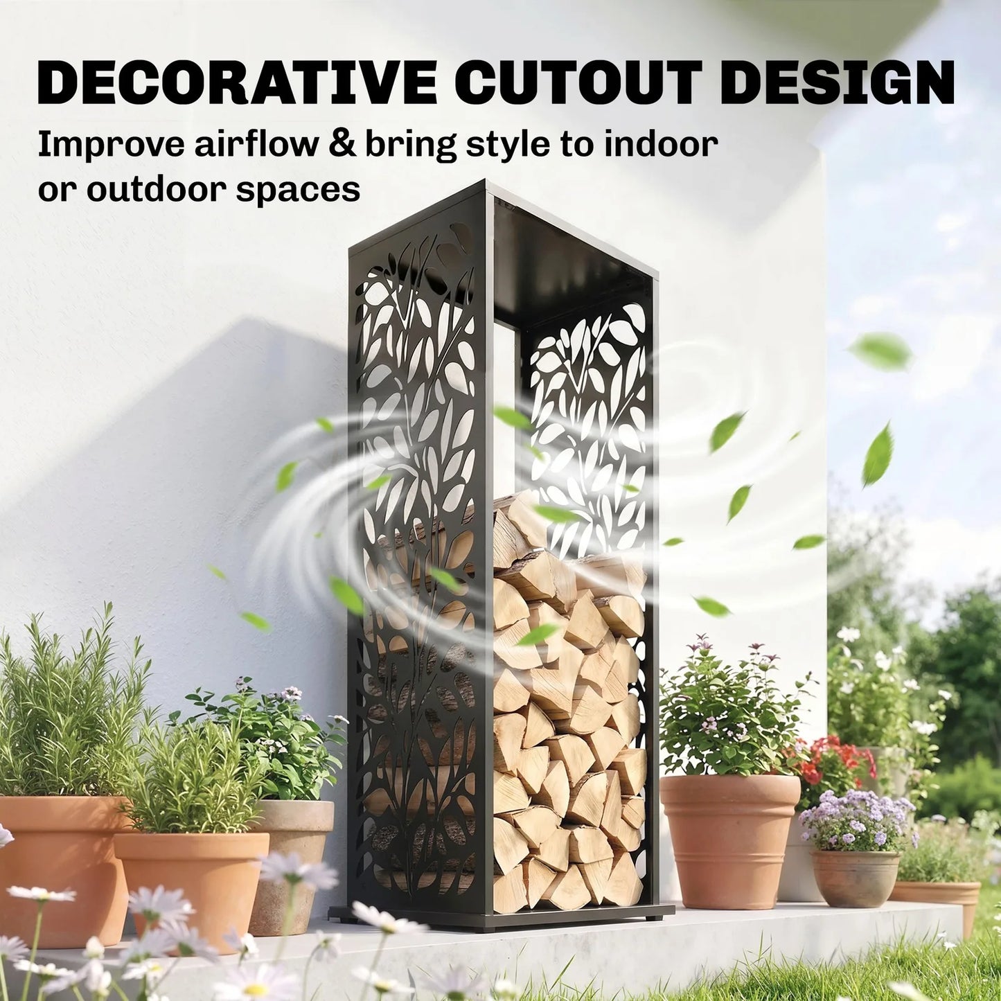 15 Inch Firewood Rack Outdoor Indoor with Cutout Design, Black