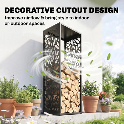 15 Inch Firewood Rack Outdoor Indoor with Cutout Design, Black