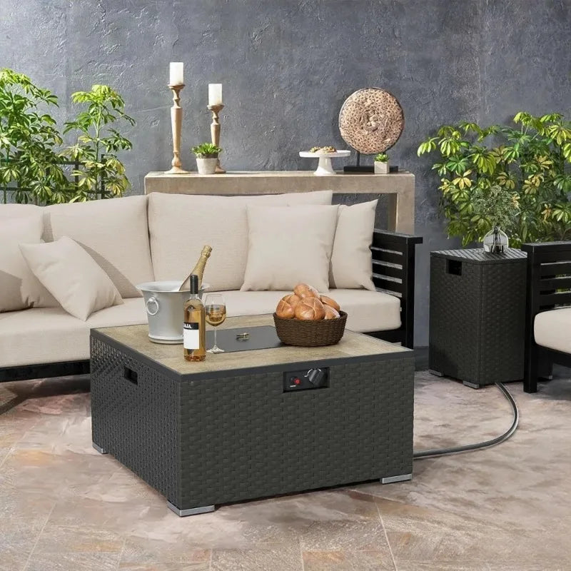 Dual-Purpose 31.5 Inch Square Outdoor Propane Fire Pit Table with 20lb Tank, Suitable for Patio, Deck, and Garden Settings