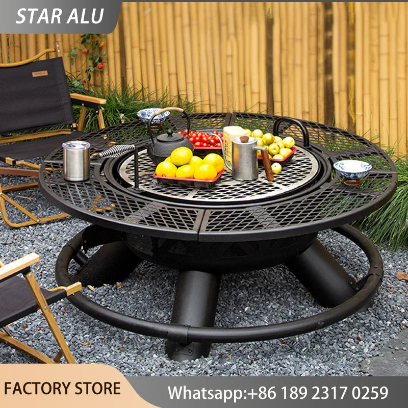 3-in-1 Outdoor Fire Pit BBQ Grill Round Charcoal Table Fireplace with Cooking Grate Heavy Duty Metal for Patio Backyard Party