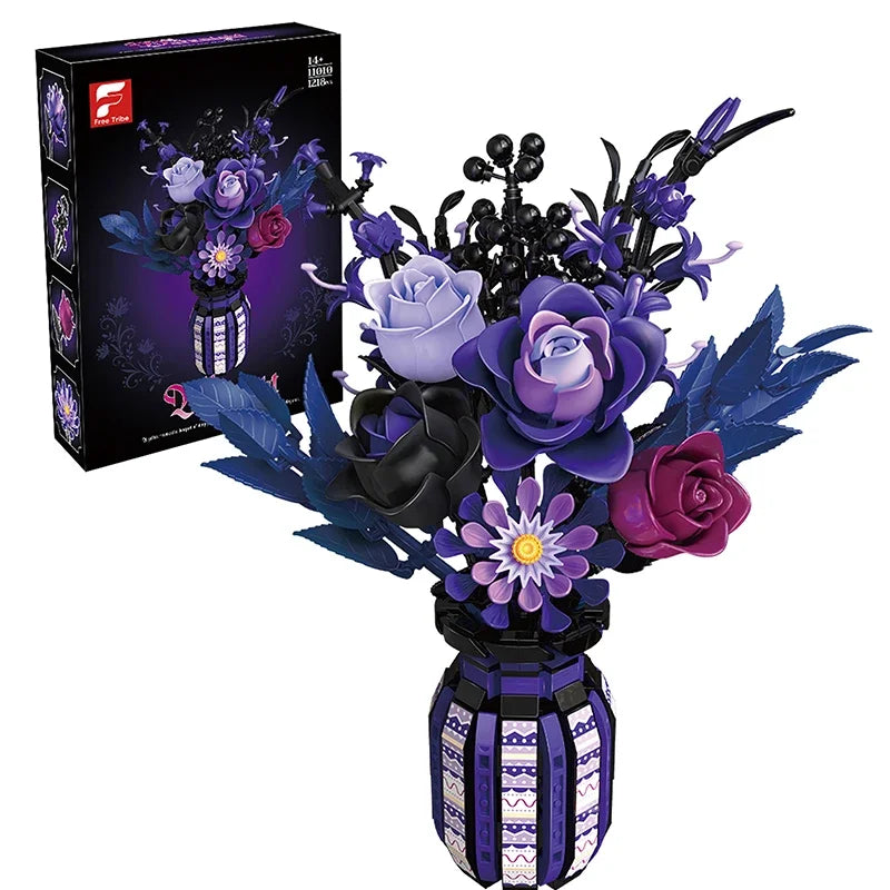 1218PCS Dark Romance Flower Building Blocks Gothic Bouquet With Vase Model Educational DIY Toy Desktop Decoration Gift For Adult