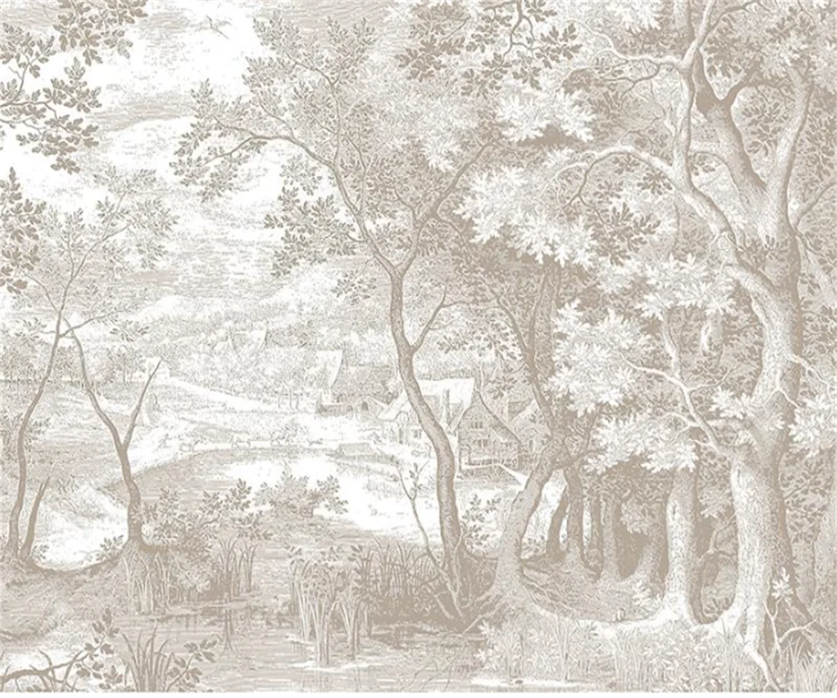 Customized French Wallpaper TV Background Wall Wallpaper Hand Drawn Black and White Forest Living Room Bedroom Papier Peint