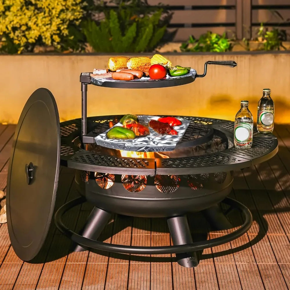 36 Inch Fire Pit with 2 Cooking Grills, Outdoor Wood Burning BBQ Firepit with Lid, 3-in-1 Outdoor Fire Pit for Backyard Deck