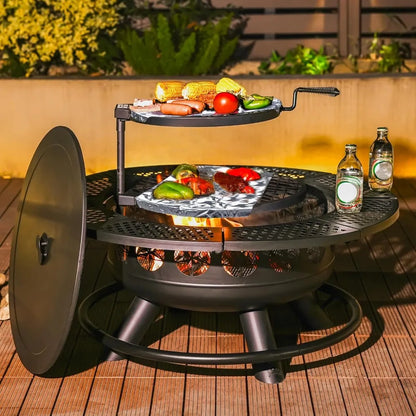 36 Inch Fire Pit with 2 Cooking Grills, Outdoor Wood Burning BBQ Firepit with Lid, 3-in-1 Outdoor Fire Pit for Backyard Deck