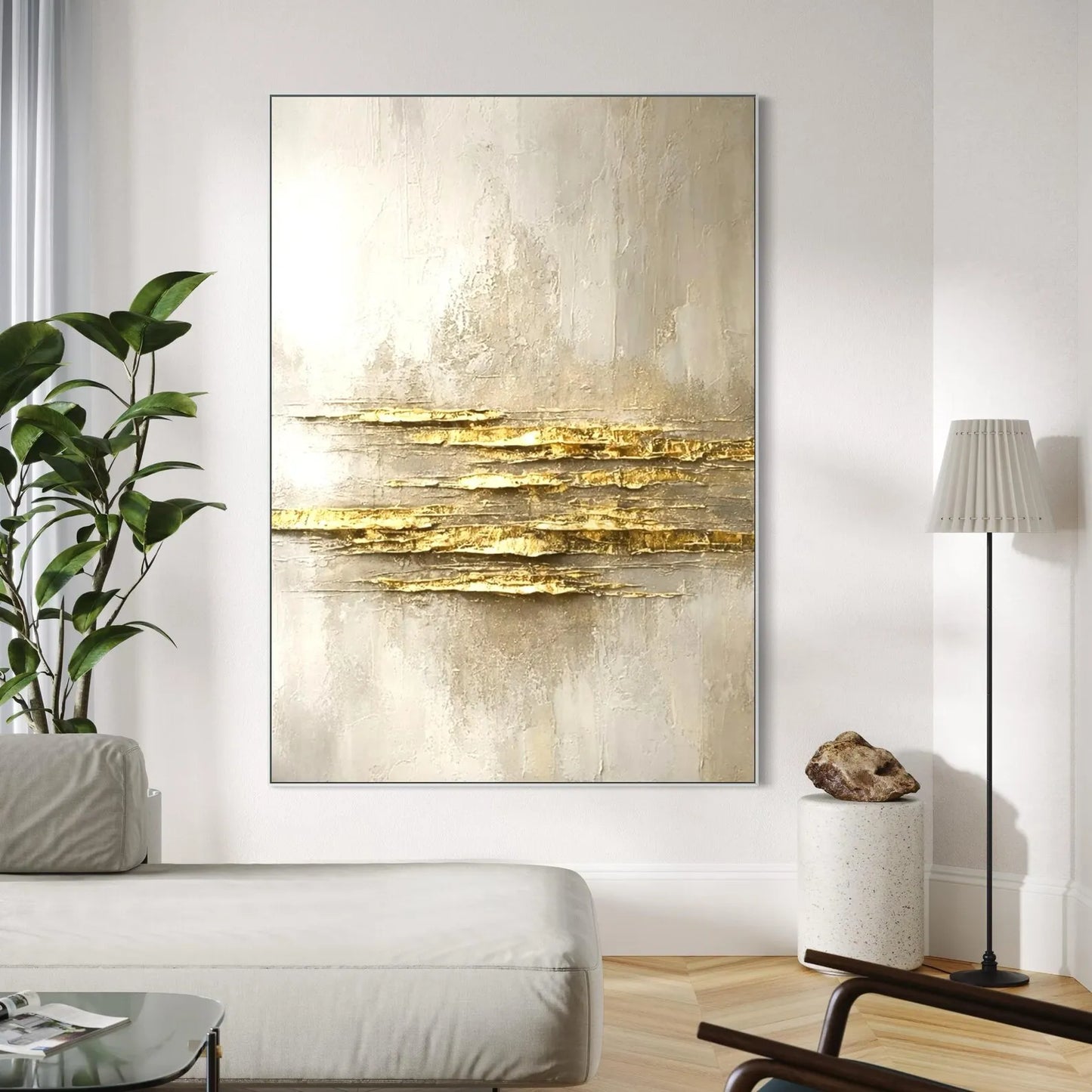 Mhemyo Large White and Gold Abstract Oil Painting Textured Minimalist Wall Art Handmade Luxury Canvas Modern Neutral Home Decor