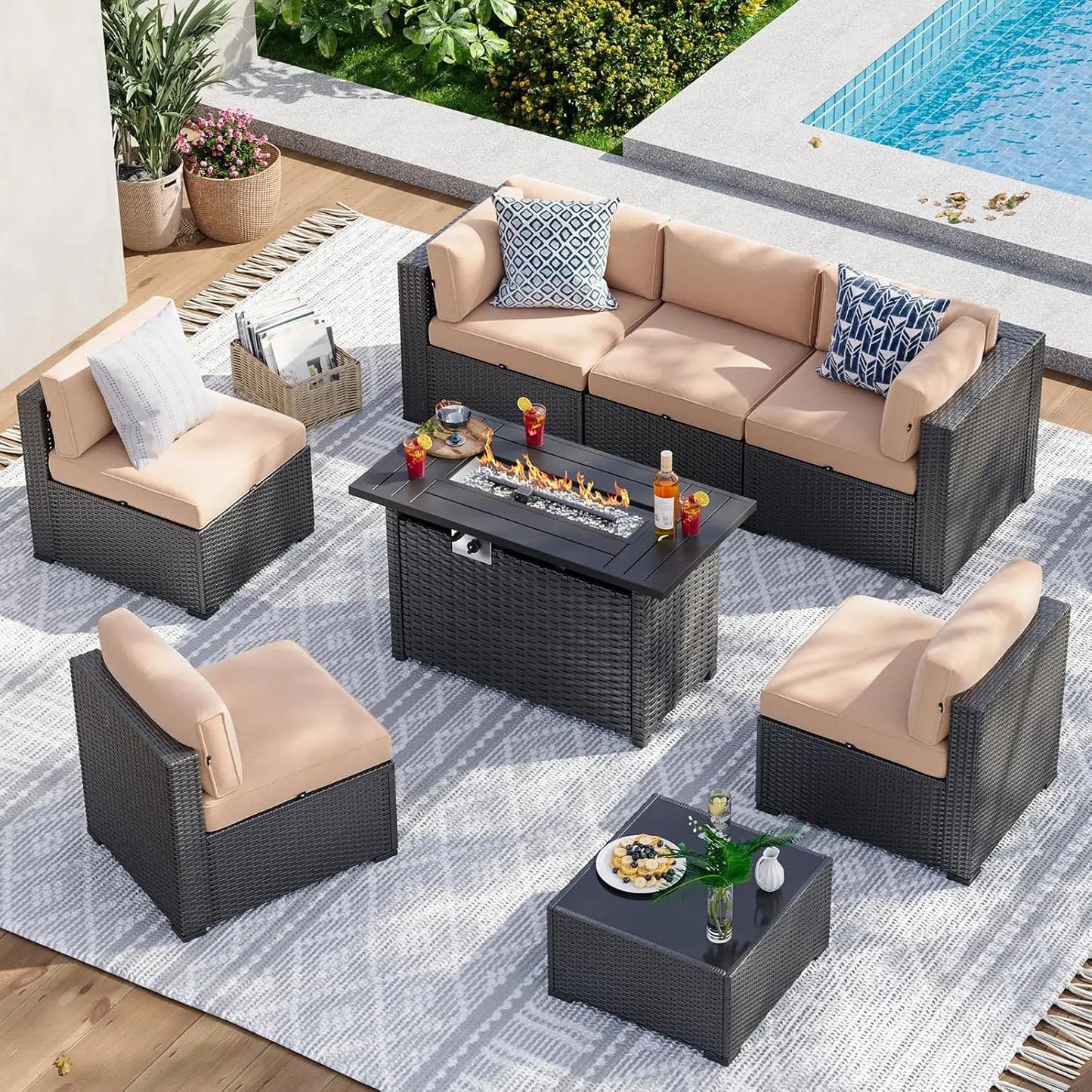 8-Piece Wicker Patio Sectional Sofa Set with 44" Fire Pit Table & Thickened Cushion for Outdoor, Custom