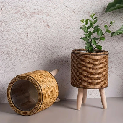 Charming Rustic Rattan Planter With Wooden Legs - Versatile Woven Storage Basket For Indoor/Outdoor Plants & Decor