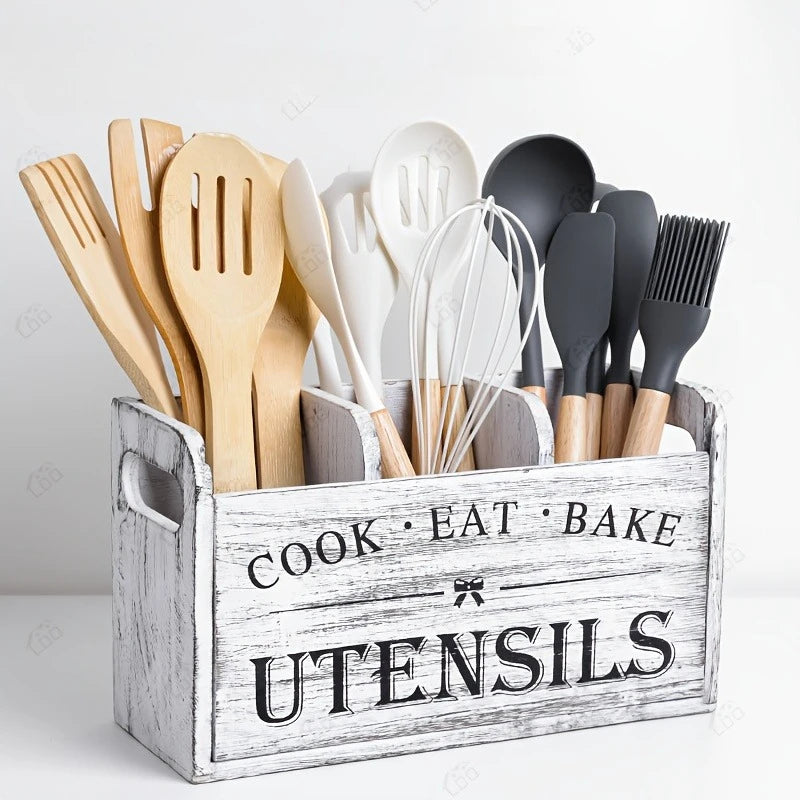 1pc Rustic Wooden Kitchen Utensil Holder - 3-Compartment Countertop & Wall-Mounted Organizer for Forks, More - Space-Saving