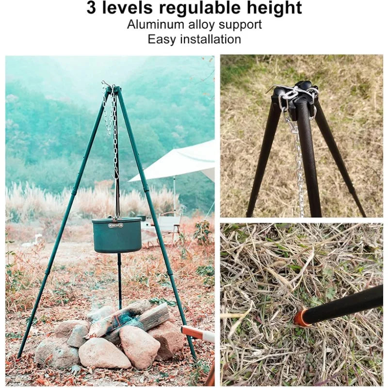 Camping Tripod for Cooking, Portable Adjustable Outdoor Cooking Campfire Tripod Grill with Hanging Chain, Suitable for Cook Camp