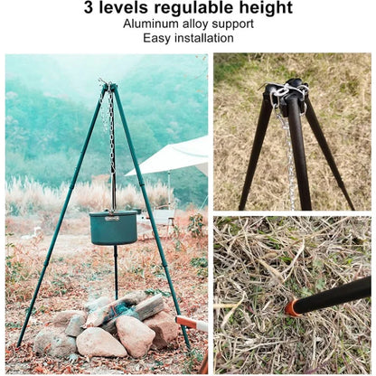Camping Tripod for Cooking, Portable Adjustable Outdoor Cooking Campfire Tripod Grill with Hanging Chain, Suitable for Cook Camp