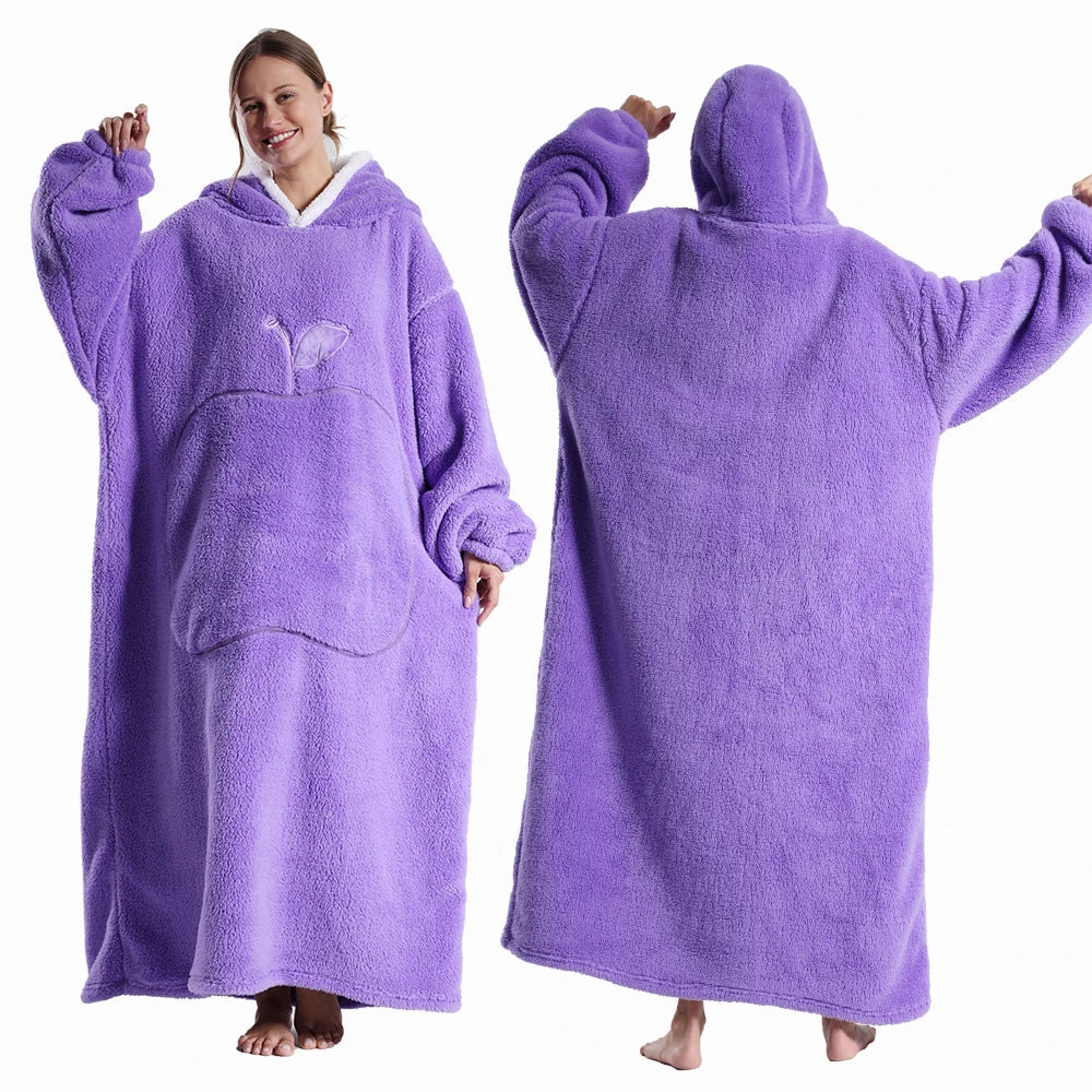 Winter Hooded Sweater Blanket Women Oversized Fleece Blanket With Sleeves Large Pocket Warm Thick TV Hoodie Robe Couple