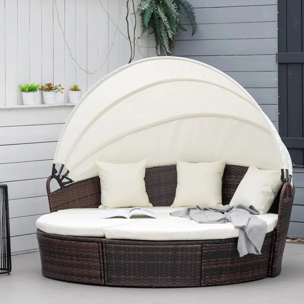 4-Piece Round Convertible Daybed with Cushions, Outdoor PE Rattan Patio Wicker Sofa Set, Sunbed with Adjustable Sun Canopy, Sec