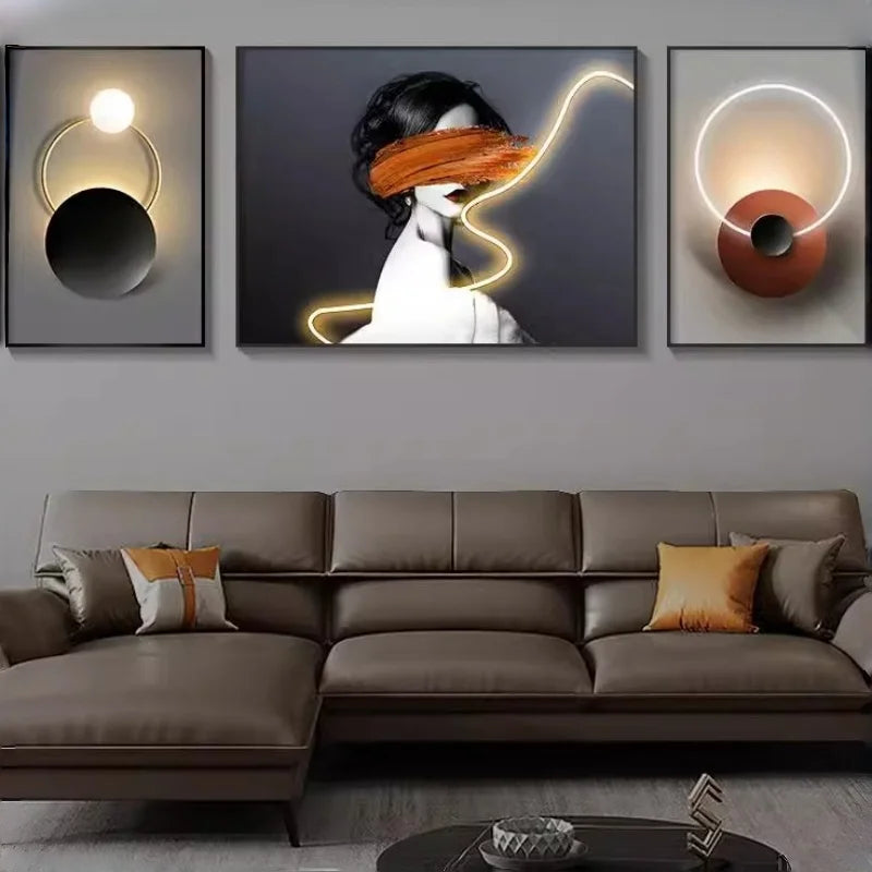 Living Room Decoration Painting LED Lighting Mural Painting Character Triptych Hanging Painting Bedroom Sofa Background Wall