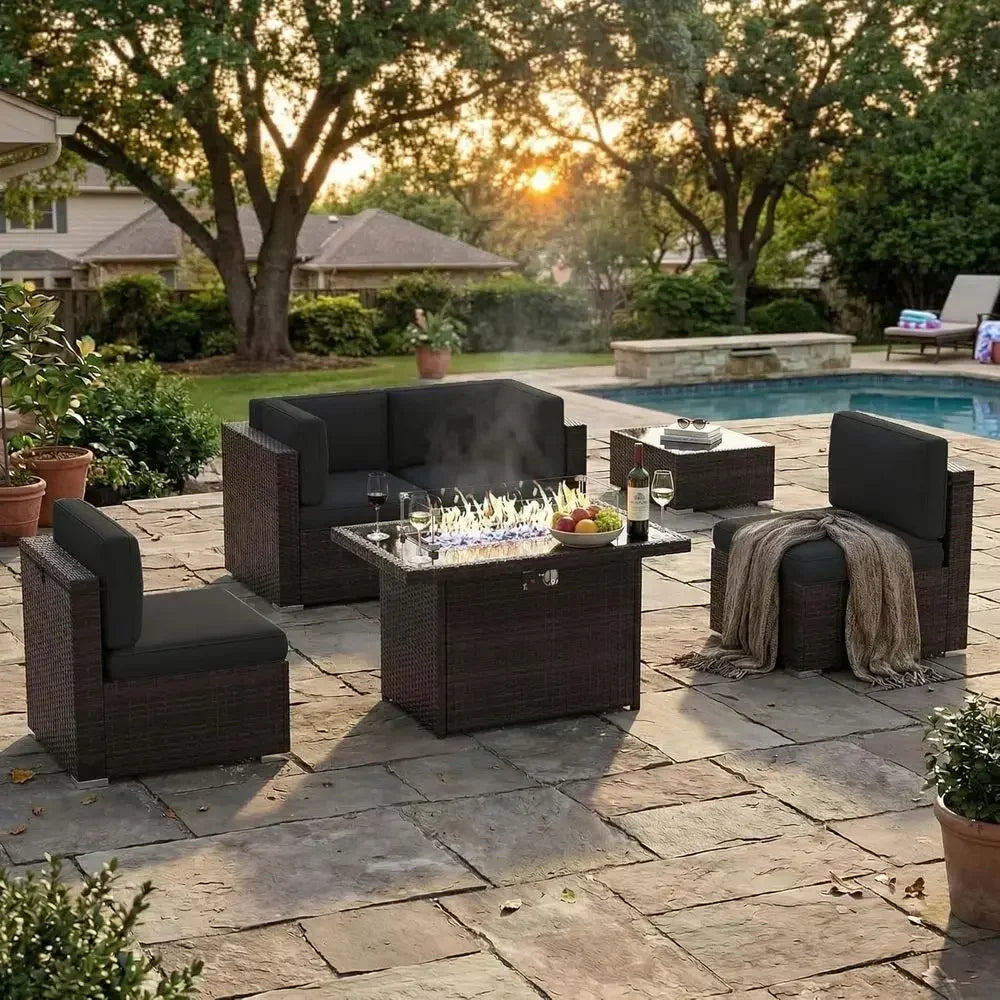 6-Piece Outdoor Wicker Sectional Sofa Set with 44 Propane Gas Fire Pit Table