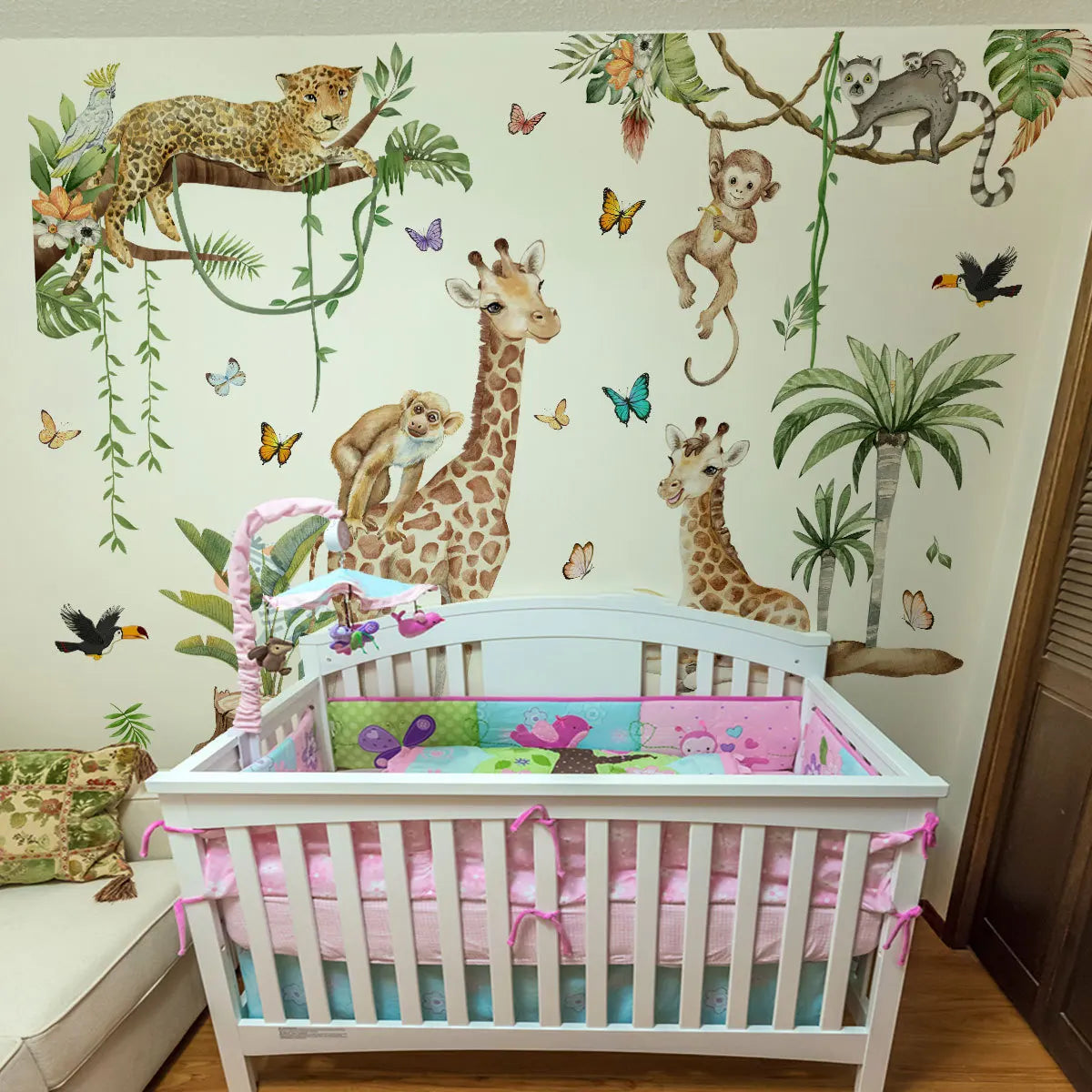 Large Forest Animals Wall Sticker Jungle Safari Giraffe Monkey Leopard Wallpaper for Kids Room Baby Bedroom Nursery Decoration