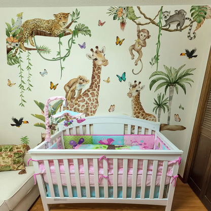 Large Forest Animals Wall Sticker Jungle Safari Giraffe Monkey Leopard Wallpaper for Kids Room Baby Bedroom Nursery Decoration