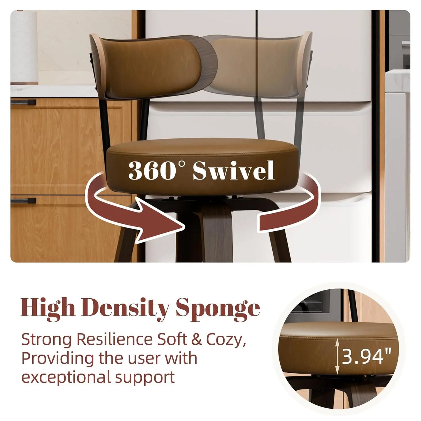 Bar Stools Set of 3, Brown Leather 26'' Swivel Counter Height Bar Stools, Modern Bar Stools with Back & Wood Legs,, Customized