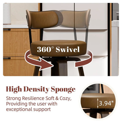 Bar Stools Set of 3, Brown Leather 26'' Swivel Counter Height Bar Stools, Modern Bar Stools with Back & Wood Legs,, Customized