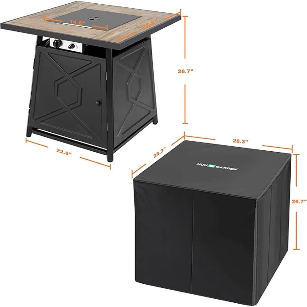 28 Inch Outdoor Propane Fire Pit Table, 50,000 BTU Square Gas Fire Table with Ceramic Tabletop, Lid, Cover, Lava Rock