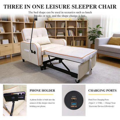 3 in 1 Convertible Sofa Chair, Pull Out Sleeper Sofa Bed with Moving Wheels, Phone Holder, USB Port, Wing Table, Sofa Bed with Adjustable Backrest for Living Room, Bedroom