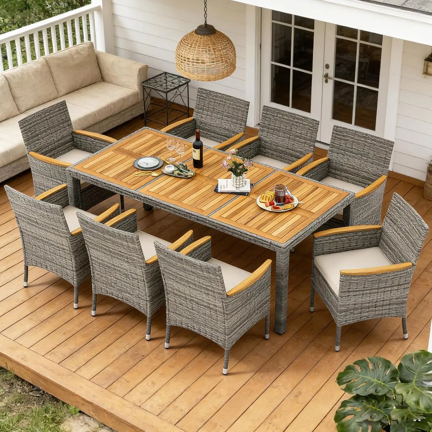 9pc Patio Dining Set Rattan Table & Chairs w/ Umbrella Hole Acacia Wood Top Backyard Balcony Poolside Navy, Custom