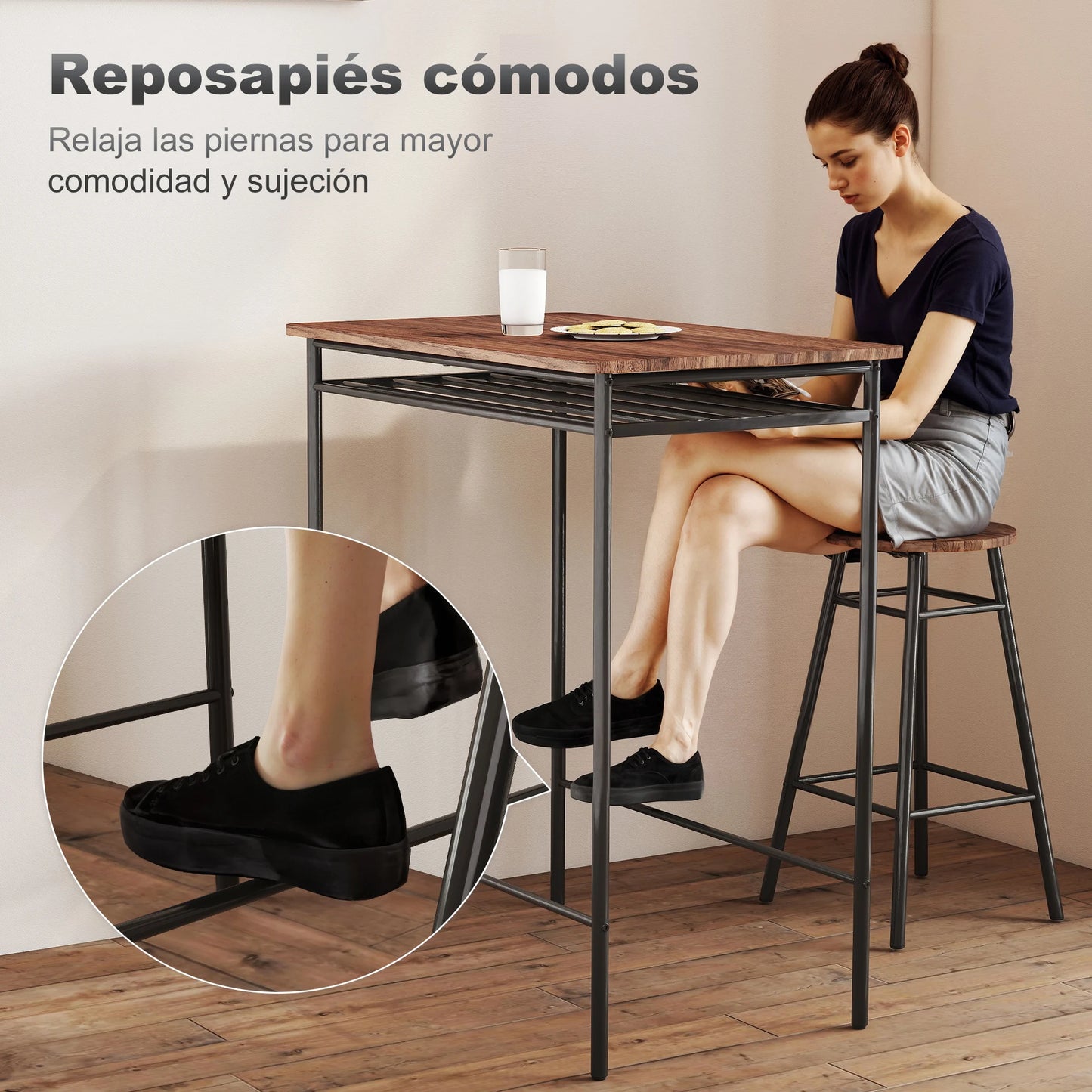 Homcom Set 1 Table + 2 Metal Bar Stools, Brown Mdf