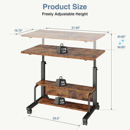 JHK 31.5IN Adjustable Height Mobile Standing Computer Desk with Locking Wheels Metal Frame Portable Workstation for Walking Pad