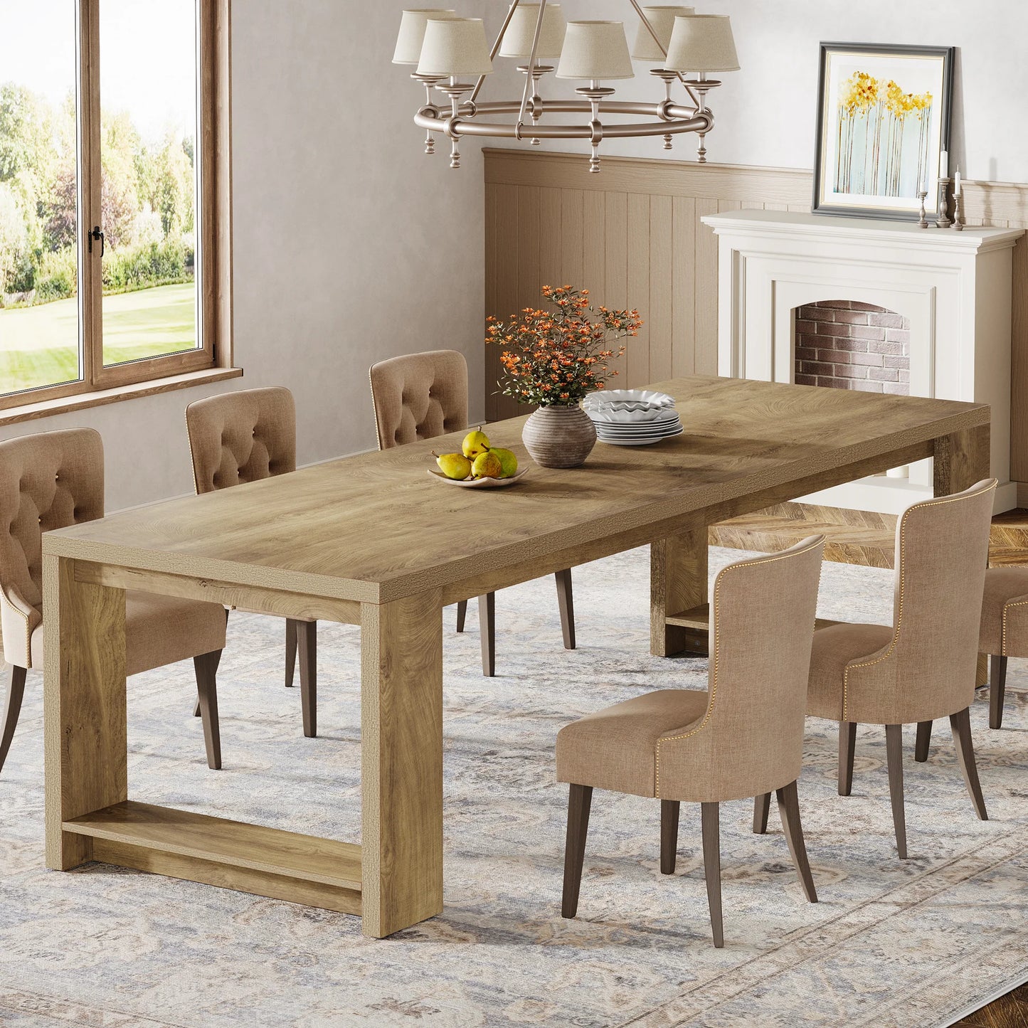 Tribesigns 86.61-Inch Dining Table for 6-8 People, Modern Narrow Long Kitchen Table with Pedestal Base