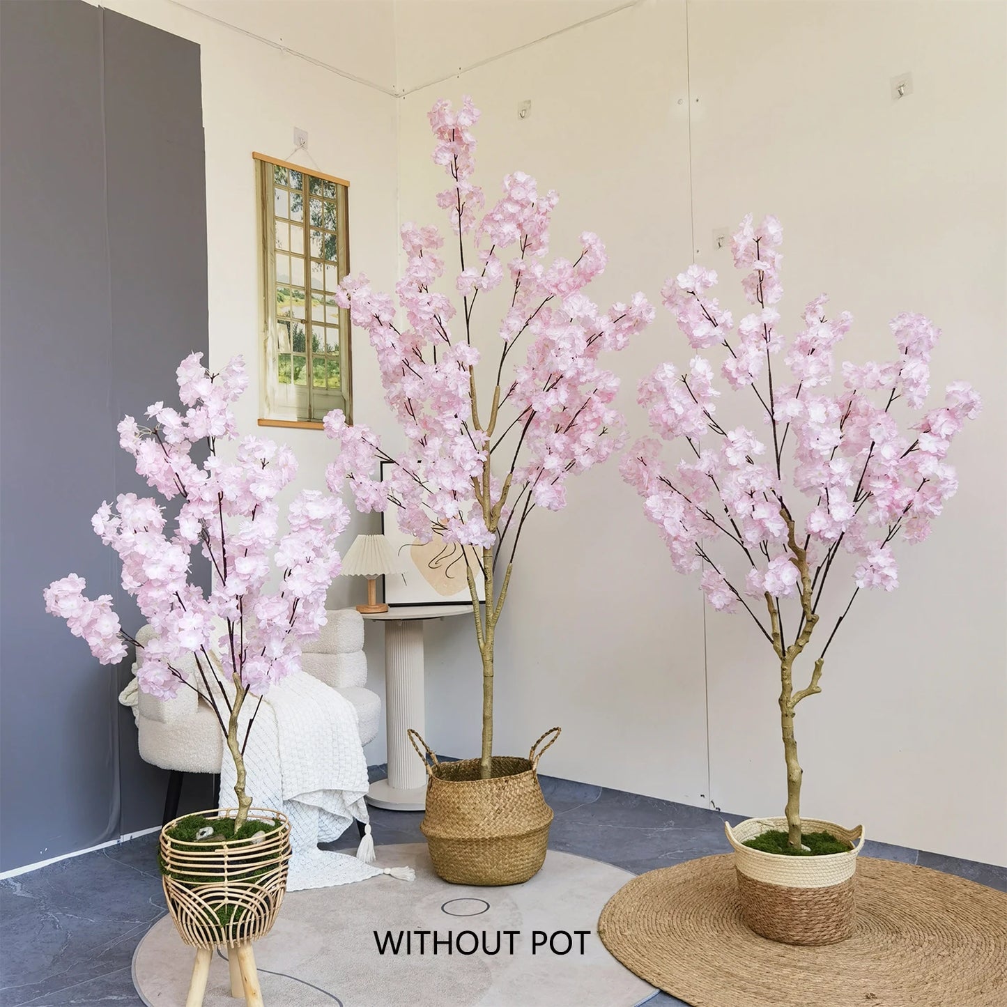 Artificial Pink Cherry Blossom Tree Trunk Faux Silk Leaves Plant for Home Office Indoor Outdoor Decor