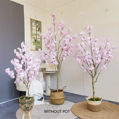 Artificial Pink Cherry Blossom Tree Trunk Faux Silk Leaves Plant for Home Office Indoor Outdoor Decor