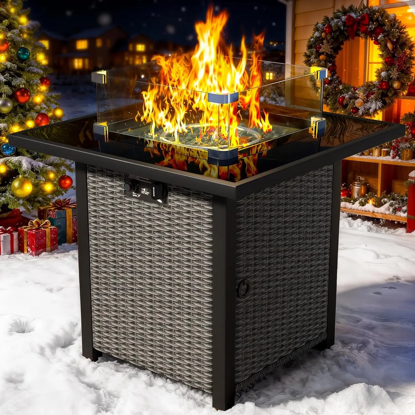 27" Square Rattan Propane Fire Pit Table with Glass Wind Guard Tempered Lid 50000 BTU CSA for Patio Deck Garden Customized