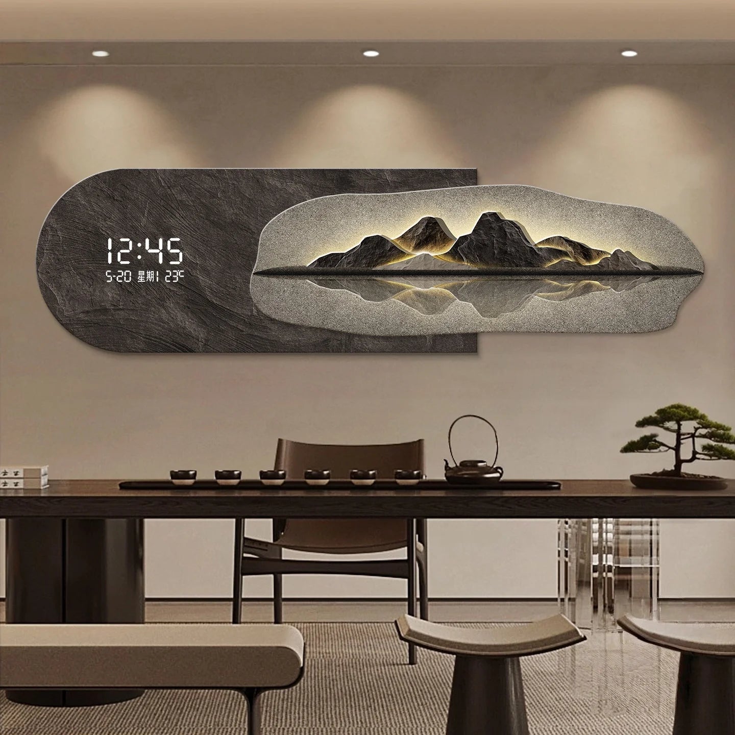 2026 High End Living Room Decoration Painting LED Digital Electronic Clock Mountain Back Atmosphere Light Hanging Painting