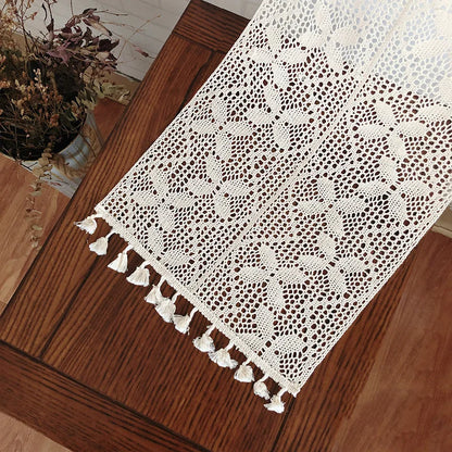 Table Runner Beige Christmas Crochet Lace Cotton Blended Fabric with Tassel For Coffee Table Decor Wedding Decoration