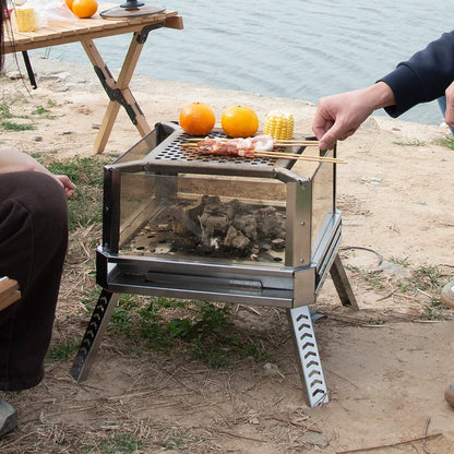 Portable Stainless Steel Fire Pit with Glass Wind Guard Outdoor Camping Fire Pit Foldable Bonfire Stove