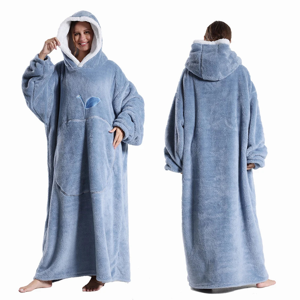 Winter Hooded Sweater Blanket Women Oversized Fleece Blanket With Sleeves Large Pocket Warm Thick TV Hoodie Robe Couple