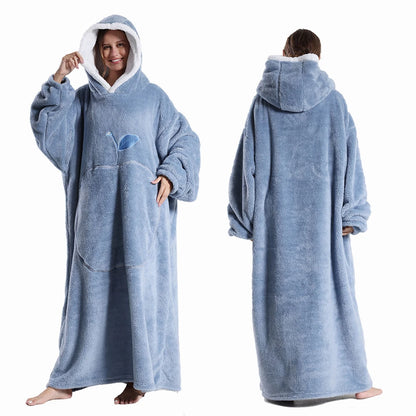 Winter Hooded Sweater Blanket Women Oversized Fleece Blanket With Sleeves Large Pocket Warm Thick TV Hoodie Robe Couple