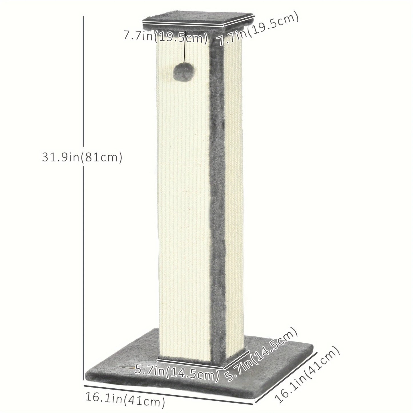 32" Tall Sisal Cat Scratching Post, PawHut Vertical Claw Scratcher For Indoor Cats And Kittens With Hanging Ball And Soft Plush