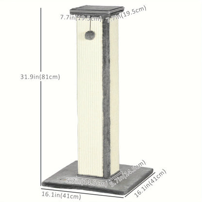 32" Tall Sisal Cat Scratching Post, PawHut Vertical Claw Scratcher For Indoor Cats And Kittens With Hanging Ball And Soft Plush
