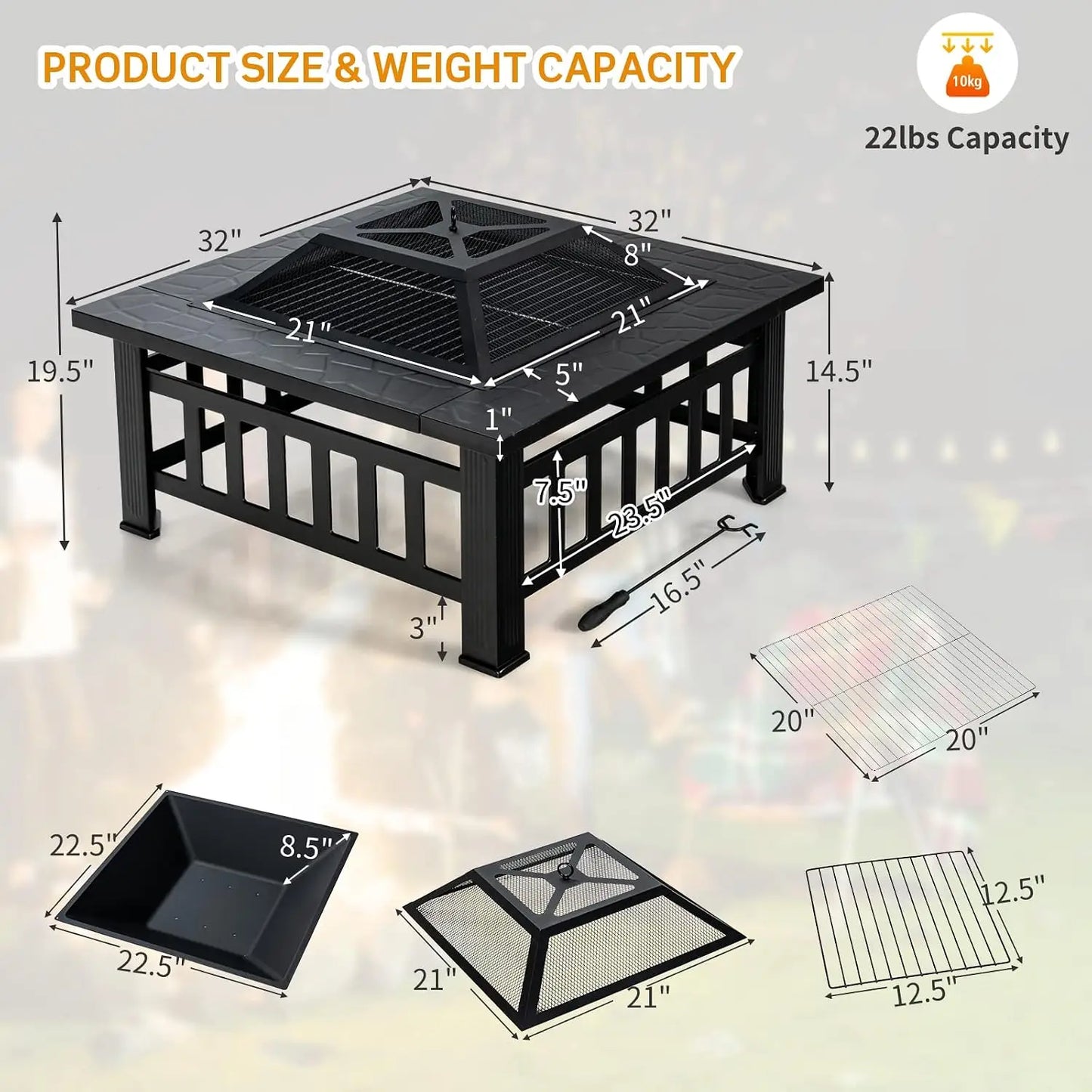 Outdoor Fire Pit Table Square Steel Fireplace With Spark Screen Log Grate BBQ Grill Poker Rain Cover Wood Burning Stove For Backyard Camping Patio Garden Bonfire Party Black